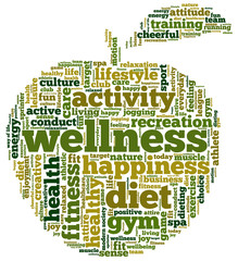 Tag cloud related to diet, wellness, fitness, health