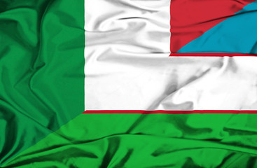Waving flag of Uzbekistan and Italy