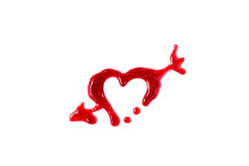Isolated heart shaped blot from berry jam on white background