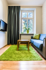 Hotel room with green rug
