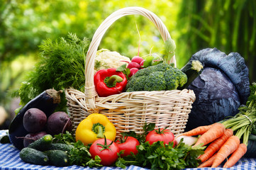 Légumes assortis dans le panier en osier dans le jardin