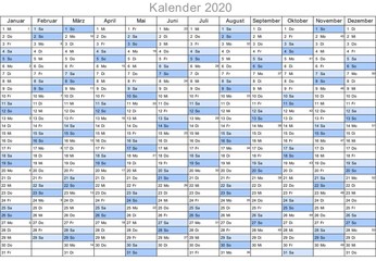 Übersicht kalender 2020