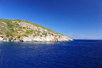 Fototapeta premium Island in the Ionian Sea, Zakynthos. Azure coast of Greece. View