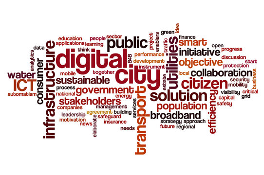 Word cloud related to smart digital city, infrastructure, ICT