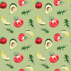 watercolor avocado, rucola and tomats pattern