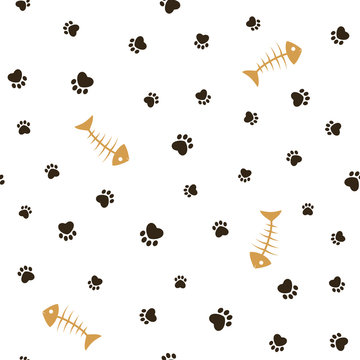 Cat theme seamless pattern with paw footprints and fish bones