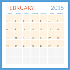 Calendar 2015. February. Week starts Sunday