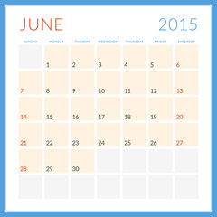 Calendar 2015. June. Week starts Sunday