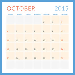 Calendar 2015. October. Week starts Sunday