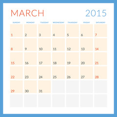 Calendar 2015. March. Week starts Sunday
