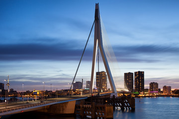 Erasmus Bridge and City Skyline of Rotterdam at Dusk