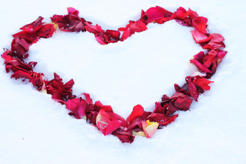 Heart on the snow dotted with rose petals