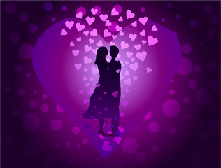 Couple in love on purple background among the many hearts.