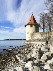 Lake Constance with rocks and tower