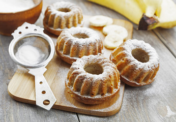 Homemade banana cake with powdered sugar