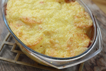 Just taken from the oven - potato and cheese casserole.
