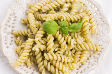 italian fusilli pasta and fresh homemade pesto sauce