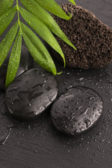 Obraz na płótnie Canvas Green leaf on spa stone on wet black surface