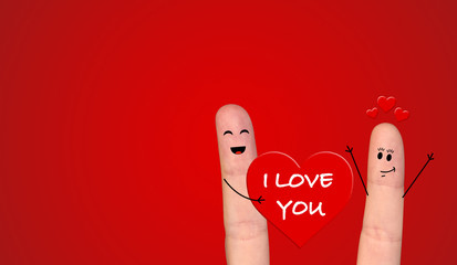 Happy finger couple in love celebrating Valentine day