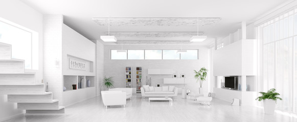 Fototapeta na wymiar Interior of modern white living room panorama