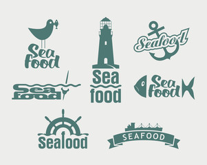 Seafood labels, icons, badges template set