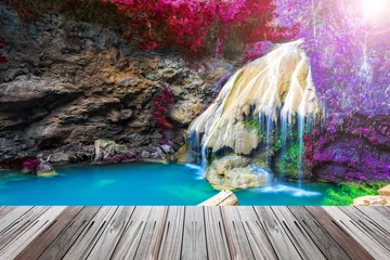 Foto op Canvas wonderful waterfall in thailand  with wooden floor © wittybear