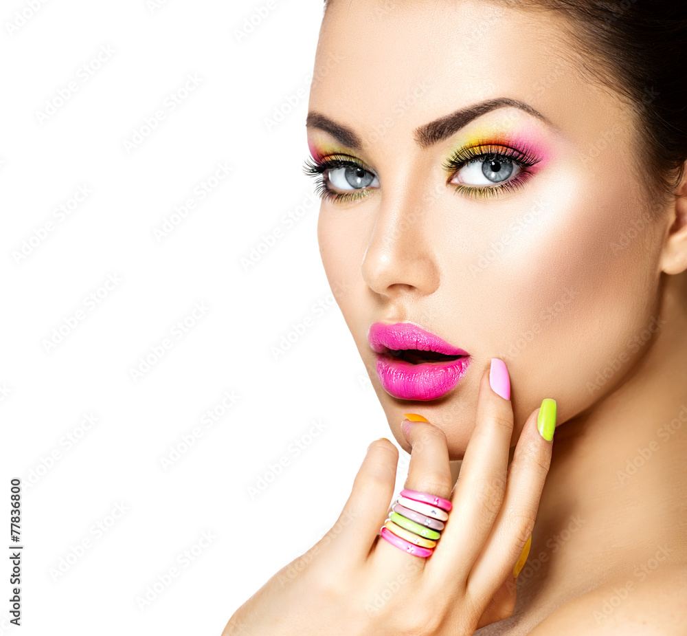 Wall mural beauty girl with colorful makeup, nail polish and accessories