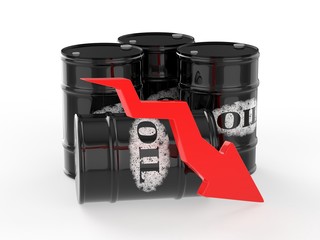 Oil Barrels with Red Arrow down. Financial crisis