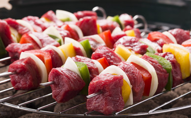 Raw beef skewers ready for grilling