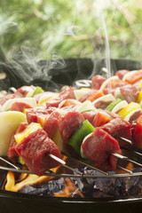 Raw beef skewers ready for grilling