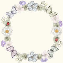 Floral frame and butterflies in engraving style