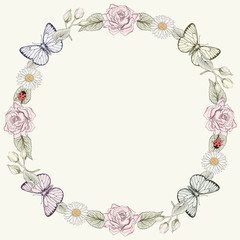 Floral frame and butterflies in engraving style - 77839488