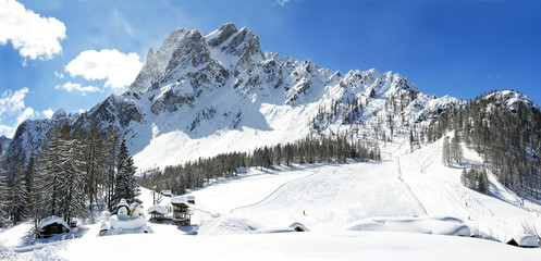 Dolomite mountains, Massif Croda Rossa di Sesto in South Tyrol - obrazy, fototapety, plakaty