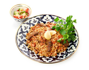 Oriental shah pilaf, pilaw, plov, rice with meat in pastry filo