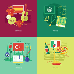 Set of flat design concept icons for foreign languages.
