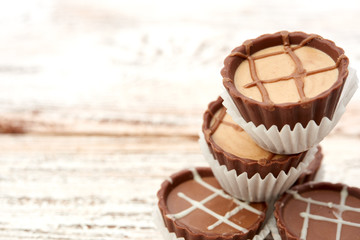 Dark chocolate on wooden background