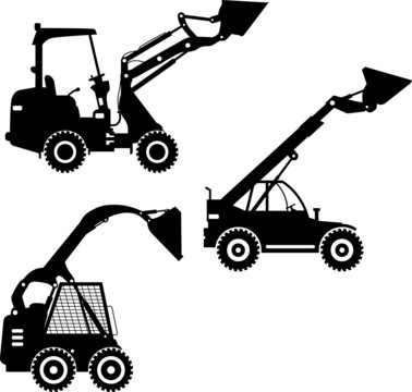 Skid steer loaders. Heavy construction machines. Vector