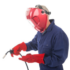 man with welding mask - obrazy, fototapety, plakaty