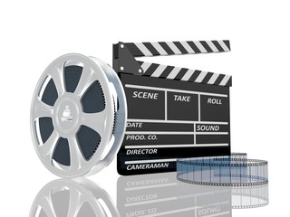 3d illustration of cinema clap and film reel, over white