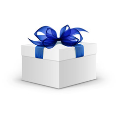 White Square Gift Box with Blue Ribbon and Bow