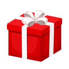 Red gift box with white ribbon and bow. Vector illustration.
