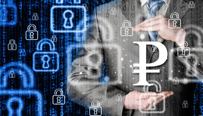 businessman protecting ruble  symbol