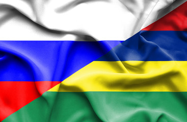 Waving flag of Mauritius and Russia