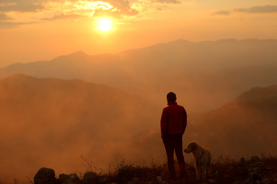 uomo e cane al tramonto