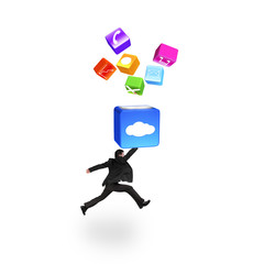 Businessman hitting cloud box illuminated app icons isolated on