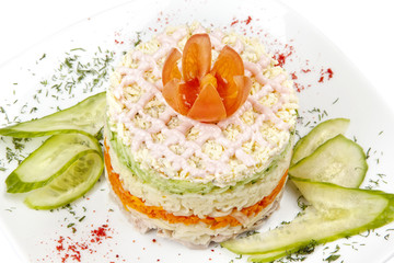 traditional Russian vegetable salad with a salmon