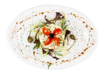 Russian traditional salad olivier with pea