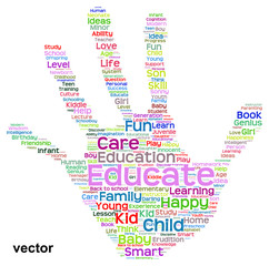 Conceptual child education hand print word cloud isolated