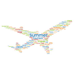 Vector conceptual travel or tourism plane word cloud