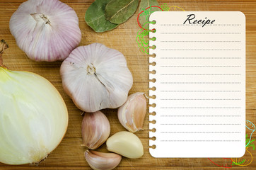 recipe page template on wooden cutting board with vegetables
